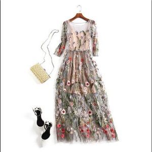 Long Sleeve Floral Embroidered Mesh Sheer Overlay Maxi Dress